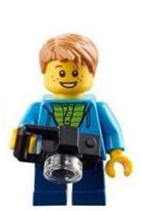 Boy Minifigure - Child with freckles, medium nougat hair, wearing a dark azure hoodie with green striped shirt and dark blue short legs - gen112