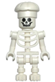 Skeleton minifigure with a standard skull, bent arms vertical grip, and a cook's hat - gen134