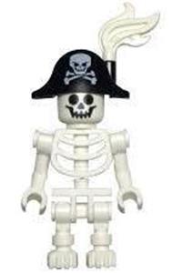 Skeleton Minifigure - Skeleton with bent arms vertical grip, wearing a bicorne with large skull and crossbones, and a white plume - gen135