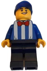 Newsstand Worker Minifigure - Newsstand worker wearing a blue cap, striped shirt, and red bow tie - gen160