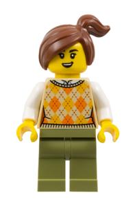 Corner Kiosk Customer Minifigure - Female corner kiosk customer wearing a tan knit argyle sweater vest, with olive green legs and a reddish brown side ponytail - gen191