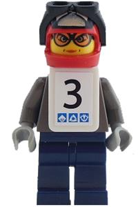 Snowboarder Minifigure - Snowboarder wearing dark gray shirt, white vest, dark blue legs, with number 3 sticker on both sides - gg002s