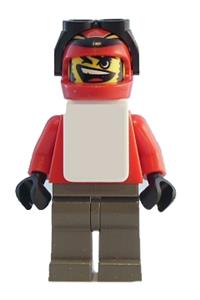 Snowboarder Minifigure - Snowboarder wearing a red shirt with dark gray legs and a white vest - gg005