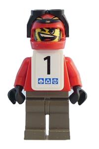 Snowboarder Minifigure - Snowboarder wearing a red shirt, white vest, dark gray legs, and number 1 stickers on both sides - gg005s