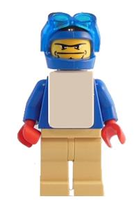 Snowboarder Minifigure - Snowboarder wearing a blue shirt and a white vest with tan legs - gg006
