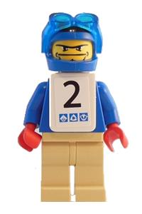 Snowboarder Minifigure - A snowboarder with a blue shirt, tan legs, white vest, and number 2 stickers on both sides - gg006s