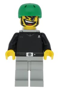 Skateboarder Minifigure - Skateboarder wearing a black shirt with light gray legs and back stud - gg007