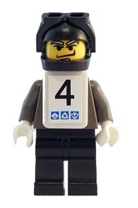 Snowboarder Minifigure - Snowboarder with a dark gray shirt, black legs, black helmet, white vest, and number 4 stickers on both sides - gg009s