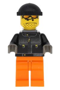 Snowboarder Minifigure - Snowboarder minifigure with black jacket, medium orange legs, and a neck bracket attachment - gg019a