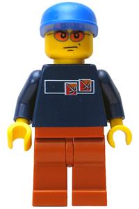 Street Hockey Player Minifigure - Street hockey player with a dark blue torso and dark orange legs - hky009