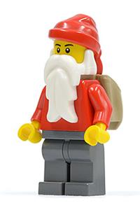 Santa Minifigure - Santa minifigure with dark bluish gray legs and an open backpack - hol011