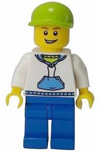 Male with White Hoodie Minifigure - Minifigure wearing a white hoodie with blue pockets, paired with blue legs and a lime short bill cap - hol016