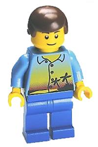 Male Minifigure - Minifigure with reddish brown male hair, wearing blue legs, featuring sunset and palm trees design - hol017