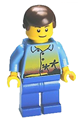 Minifigure with reddish brown male hair, wearing blue legs, featuring sunset and palm trees design - hol017