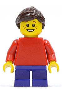Girl Minifigure - Minifigure with red torso and arms, dark purple short legs, dark brown ponytail, and swept sideways fringe - hol018