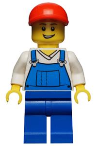 Male in Blue Overalls Minifigure - Minifigure with blue overalls, v-neck shirt, blue legs, red short bill cap, and open grin - hol019