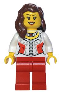 Female in White Lace Blouse - Female minifigure wearing a white lace blouse with red side panels and a ruby necklace, red legs, reddish brown hair, and black eyebrows - hol022