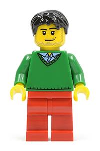 Male Minifigure - Minifigure with black tousled hair, wearing a green V-neck sweater, red legs, and sporting a smirk and stubble beard - hol023