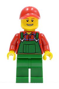 Farmer in Green Overalls Minifigure - Farmer with green overalls, red cap with hole, and an open grin - hol028
