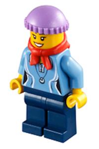 Woman Minifigure - Female minifigure with a medium blue shirt, dark blue legs, a red bandana, and a medium lavender knit cap - hol029