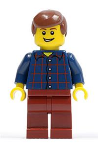 Male with Plaid Button Shirt - Minifigure with a plaid button shirt, dark red legs, reddish brown male hair, and an open grin - hol030