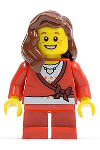 Girl Minifigure - Female minifigure in a cropped sweater with a bow, wearing a heart necklace, reddish-brown hair over one shoulder, and red short legs - hol031