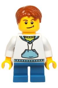 Boy with White Hoodie Minifigure - Minifigure wearing a white hoodie with blue pockets, dark purple short legs, and reddish brown hair - hol035