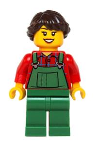 Female Minifigure - Female farmer wearing green overalls with dark brown french braided hair - hol038