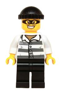 Jail Prisoner Minifigure - Prisoner 86753 in jail stripes, wearing a black knit cap and mask, portraying a police officer - hol041