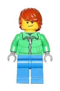 Male Minifigure - Minifigure with dark orange hair, crooked smile, wearing a winter jacket with a zipper and blue legs - hol051