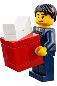 Businessman Minifigure - Businessman with pinstripe jacket, gold tie, dark blue legs, black short tousled hair, lopsided smile, and stubble beard - hol054