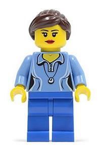Woman Minifigure - Female minifigure in a medium blue shirt with two buttons, a shell pendant, dark blue legs, and a reddish brown ponytail with swept sideways fringe - hol055