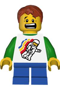 Boy Minifigure - Minifigure with classic space design, dark orange tousled hair and blue short legs, known for floating pattern - hol056