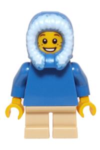 Boy Minifigure - Minifigure with plain blue torso, tan short legs, and a blue hood fur-lined - hol057