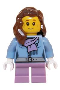 Girl Minifigure - Minifigure with a medium blue jacket, light purple scarf, medium lavender short legs, and reddish brown hair over the shoulder - hol059
