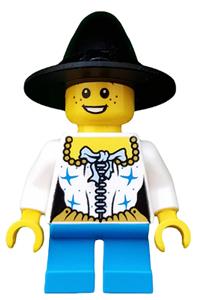 Girl with Black Witch Hat - Girl with black witch hat, pirate female corset, short dark azure legs, and freckles - hol062