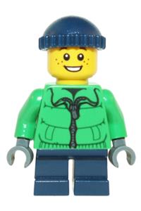 Male Minifigure - Winter Jacket Zipper, Dark Blue Legs, Dark Blue Knit Cap, Freckles - hol065