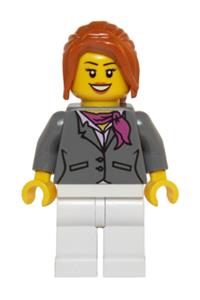 Female in Gray Jacket with Magenta Scarf - Minifigure with dark bluish gray jacket, magenta scarf, white legs, dark orange hair in ponytail with side bangs - hol068