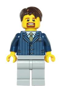 Businessman Minifigure - Businessman with a pinstripe jacket and gold tie, light bluish gray legs, and short tousled dark brown hair - hol069