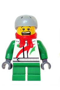Boy Minifigure - Minifigure wearing an Octan jacket with red and green stripes, green short legs, red bandana, and a sports helmet with vent holes - hol070a