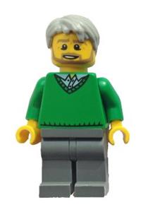 Male Minifigure - Minifigure with light bluish gray short tousled hair, beard, green v-neck sweater, and dark bluish gray legs - hol071