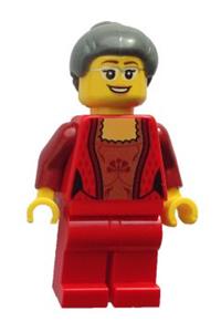 Female Minifigure - Female Corset with Gold Panel Front and Lace Up Back Pattern, Red Legs, Dark Bluish Gray Hair with Top Knot Bun - hol072