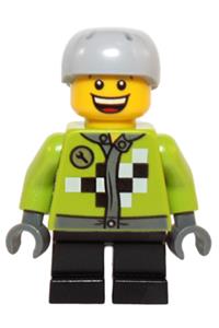 Boy with Helmet Minifigure - Minifigure wears a lime jacket with a wrench and black/white checkered pattern, short black legs, and a sports helmet with vent holes - hol073