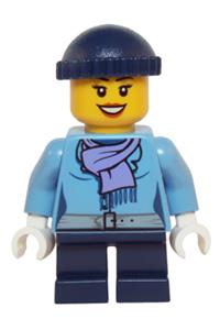 Girl Minifigure - Minifigure wearing a medium blue jacket, a light purple scarf, dark blue short legs, and a dark blue knit cap - hol074