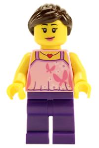 Girl Minifigure - Girl minifigure with a bright pink top with butterflies and flowers, dark purple legs, and a dark brown ponytail - hol083
