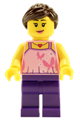 Girl minifigure with a bright pink top with butterflies and flowers, dark purple legs, and a dark brown ponytail - hol083