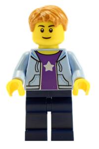 Boy Minifigure - Boy wearing a bright light blue hoodie with a white star, dark blue legs, and medium nougat short tousled hair with side part - hol084