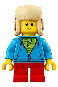 Birthday Boy Minifigure - Birthday boy with dark orange hair wearing a dark azure torso hoodie and red short legs - hol087