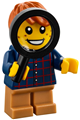 Minifigure wearing a plaid button shirt with medium nougat short legs and dark orange tousled hair - hol088