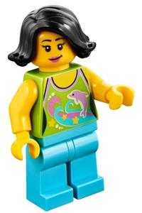 Female Minifigure - Female minifigure with black short swept sideways hair, wearing a lime halter top with dolphin pattern and medium azure legs - hol089